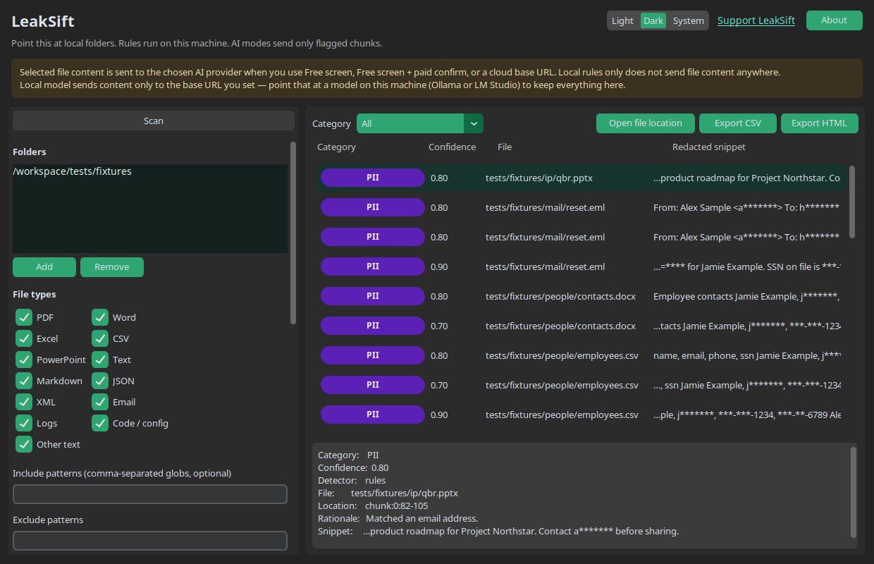 LeakSift window showing categorized scan hits